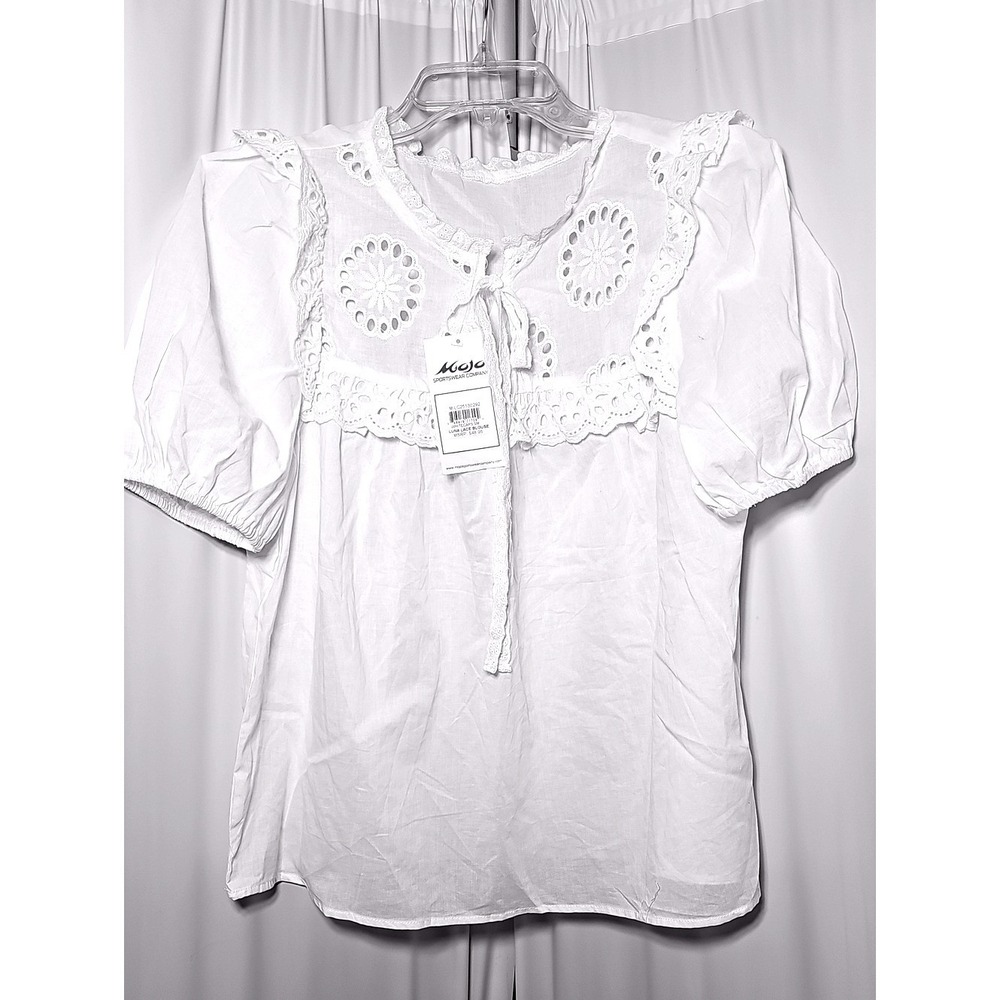 Mojo Luna Lace Eyelet Short Puff Sleeve White Cotton Ruffle Blouse Top